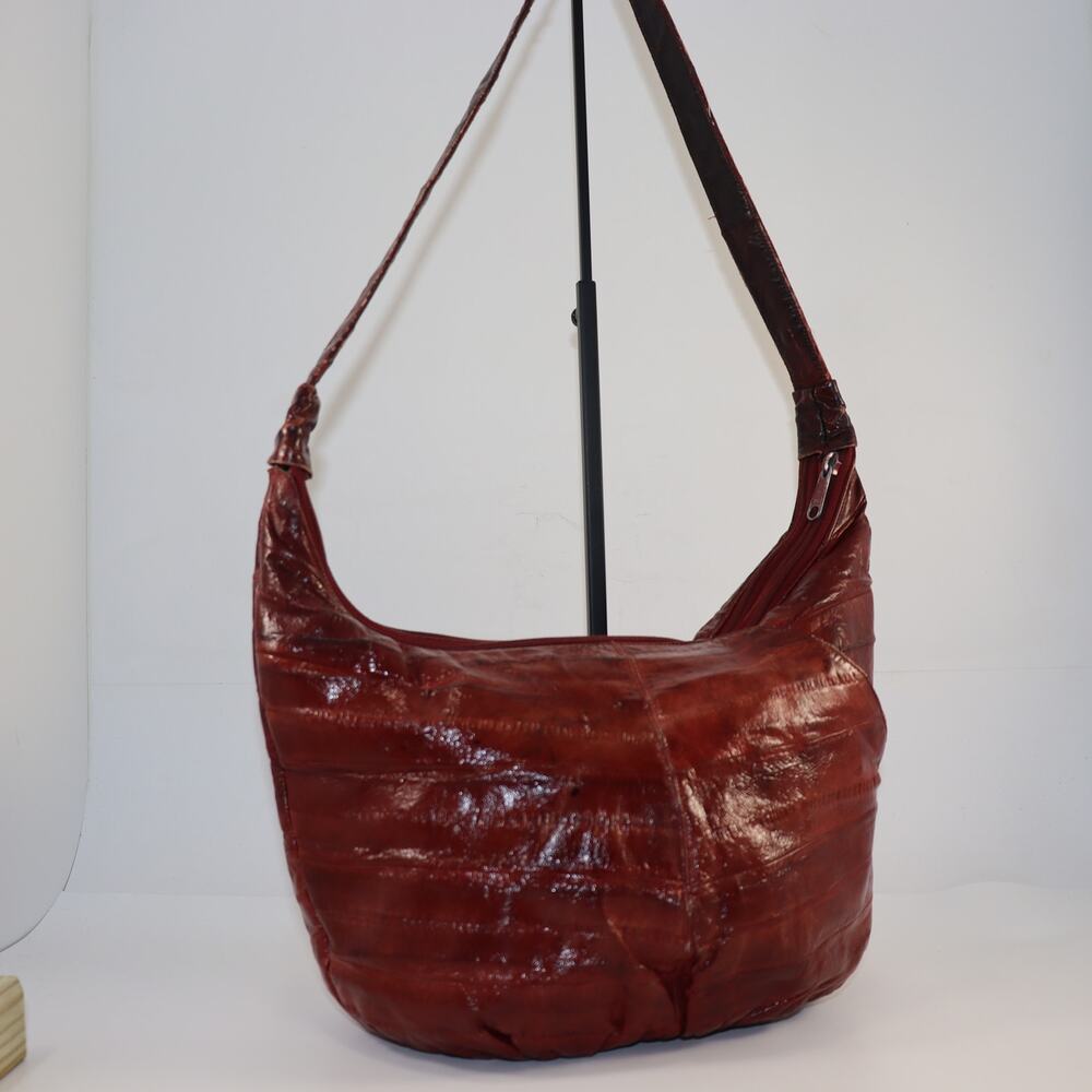 Vintage Genuine Eel Skin Shoulder Bag - Burgundy‎ - Worn Strap